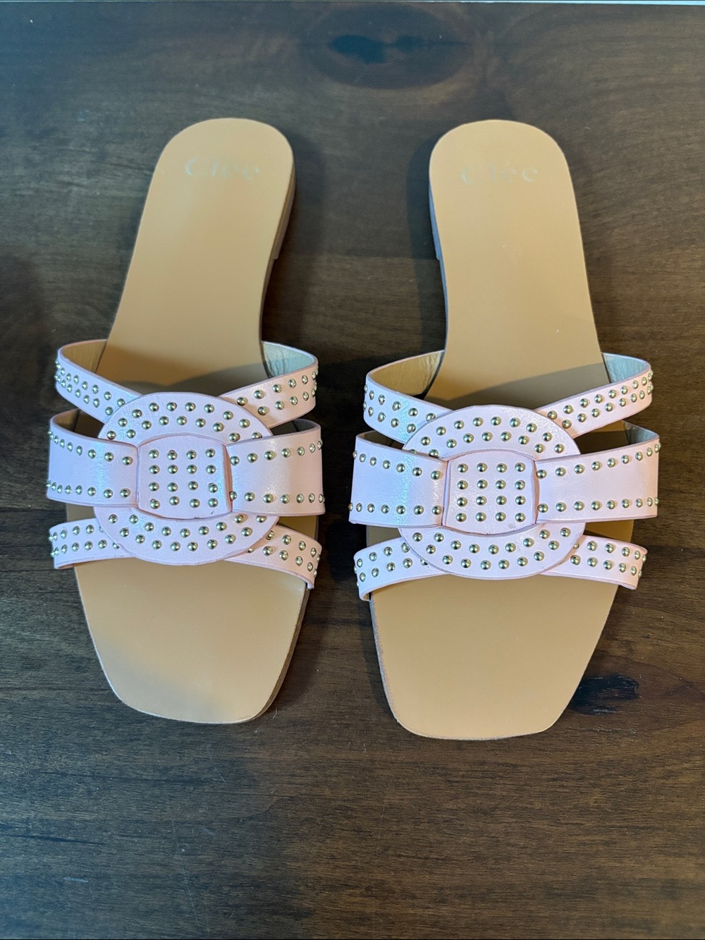 Studded Pink Slide Sandals with Buckle Detail